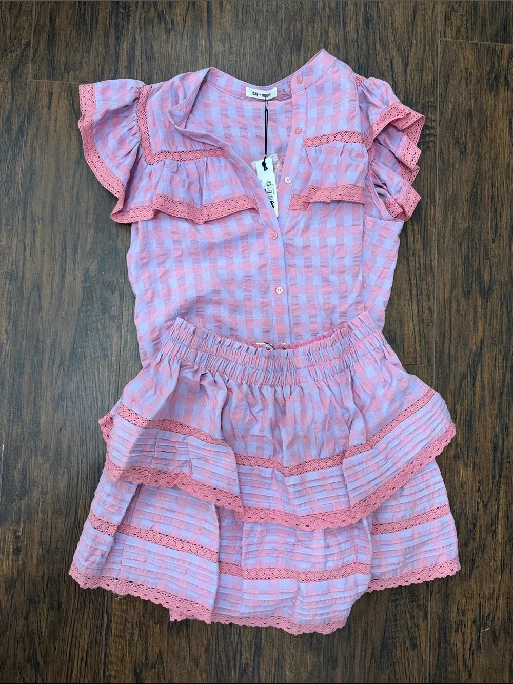 Eyelet Trim Pink Gingham Ruffle Skirt Set - Picture 1 of 4